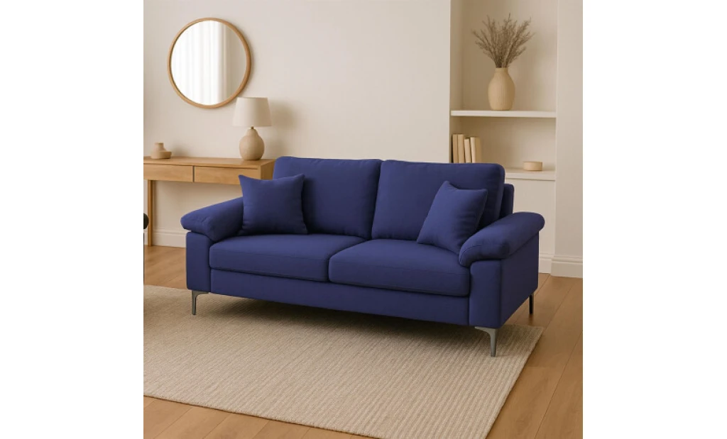 Modern Blue Sofa 2  1 Seater Set Fabric with Chrome Feet - Comfortable Couch with Cushion for Living Room, Bedroom or Office