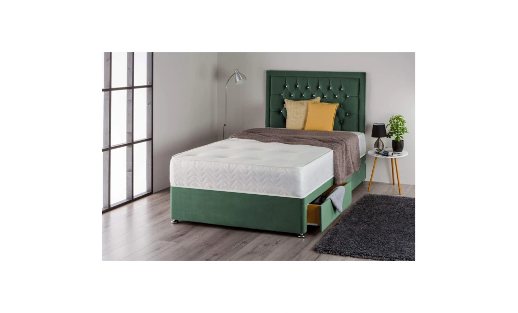 (5ft, 2 Drawers) Aqua Marine Green Plush Divan Bed Set with Sprung Mattress and Matching Nina Diamante Headboard
