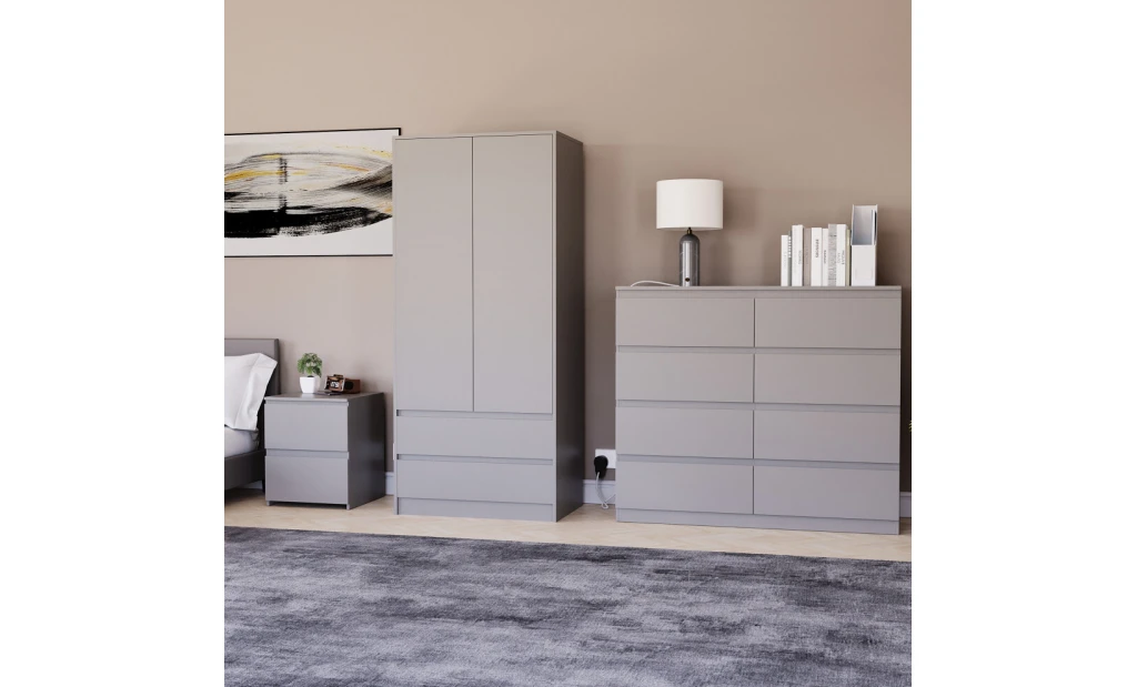 (Grey) Denver 3 Piece Bedroom Set Chest Wardrobe 5