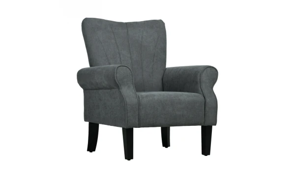 Upholstered Living Room Accent Chair with Rolled Arms Grey Fabric Wood Legs Ideal for Bedroom and Lounge Spaces