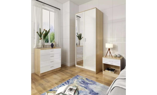 Oak/White High Gloss Bedroom Trio Set- Mirrored Wardrobe, Chest of Drawers and Bedside Table