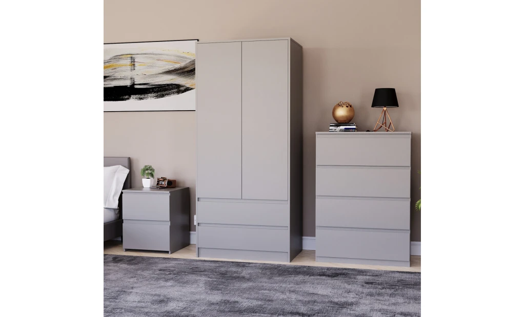 (Grey) Denver 3 Piece Bedroom Set Chest Wardrobe Bedside