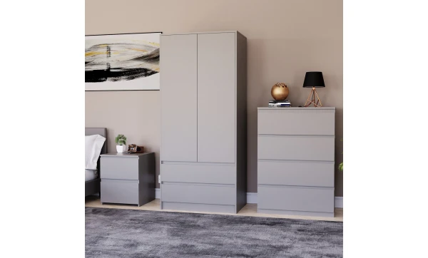 (Grey) Denver 3 Piece Bedroom Set Chest Wardrobe Bedside