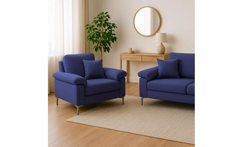 Modern Blue Sofa 2  1 Seater Set Fabric with Chrome Feet - Comfortable Couch with Cushion for Living Room, Bedroom or Office