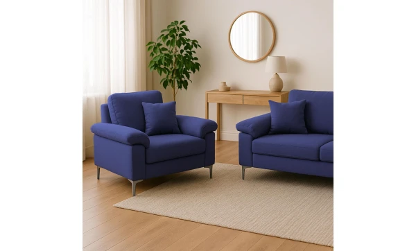 Modern Blue Sofa 2  1 Seater Set Fabric with Chrome Feet - Comfortable Couch with Cushion for Living Room, Bedroom or Office
