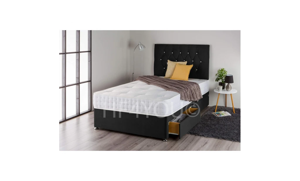 (3ft, 2 Drawers) Black Plush Divan Bed Set with 1000 Pocket Sprung Mattress and Matching Diamante Headboard