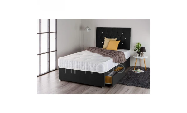 (3ft, 2 Drawers) Black Plush Divan Bed Set with 1000 Pocket Sprung Mattress and Matching Diamante Headboard