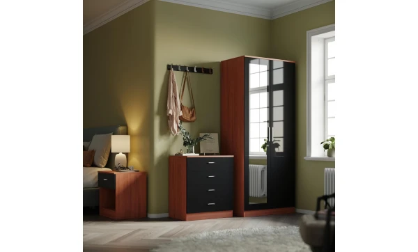 Walnut/Black High Gloss Bedroom Trio Set- Mirrored Wardrobe, Chest of Drawers and Bedside Table