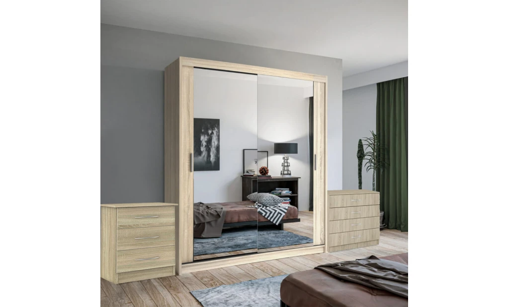 (Oak, 120 cm) Chen Sliding Mirror Wardrobe With Chest Drawers