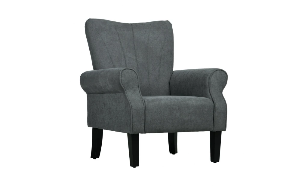 Grey Upholstered Armchair with Rolled Arms and Wooden Legs Stylish Living Room and Bedroom Accent Chair