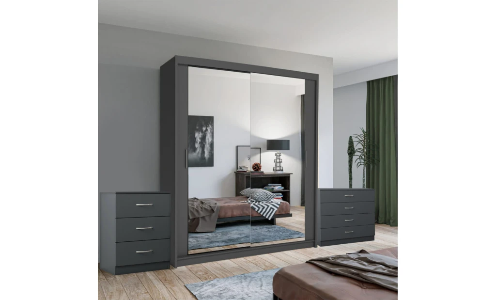 (Grey, 150 cm) Chen Sliding Mirror Wardrobe With Chest Drawers