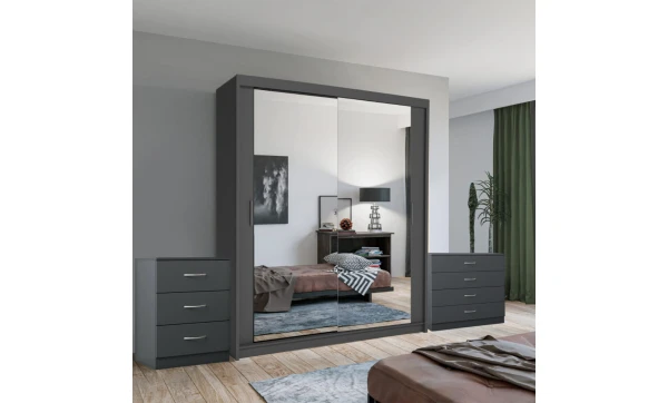 (Grey, 150 cm) Chen Sliding Mirror Wardrobe With Chest Drawers