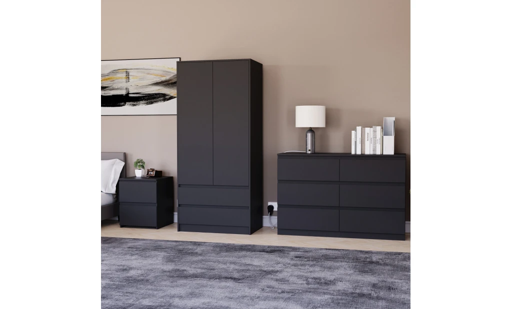 (Black) Denver 3 Piece Bedroom Set Wooden Chest Wardrobe 4