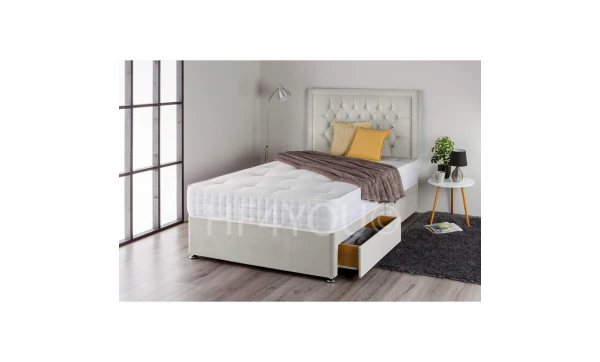 (3ft, 2 Drawers) Light Silver Plush Divan Bed with Sprung Mattress and Matching Nina Diamante Headboard