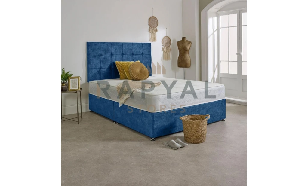 (3ft, 2 Drawers Same Side, Blue) Chicago Plush Divan Bed Set with Luxury Memory Mattress and 24" Matching Headboard