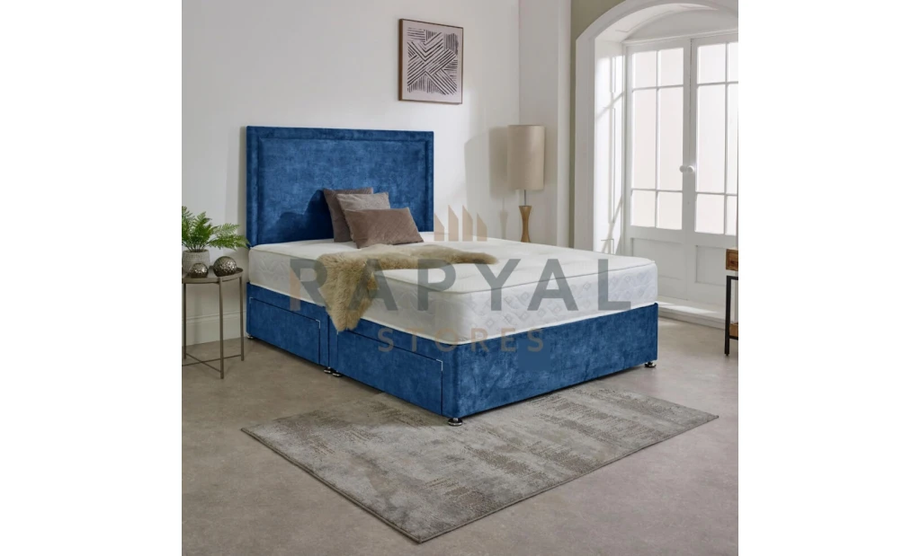 (2ft6, 2 Drawers Same Side, Blue) Rio Marble Fabric Divan Bed with Mattress & Headboard