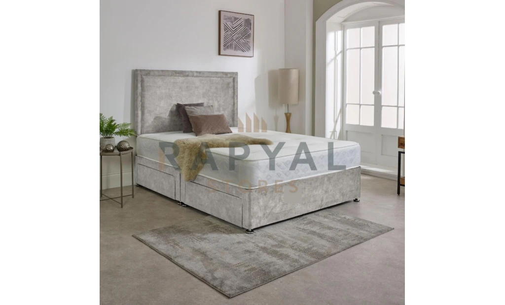 (2ft6, No Drawers, Silver) Rio Marble Fabric Divan Bed with Mattress & Headboard