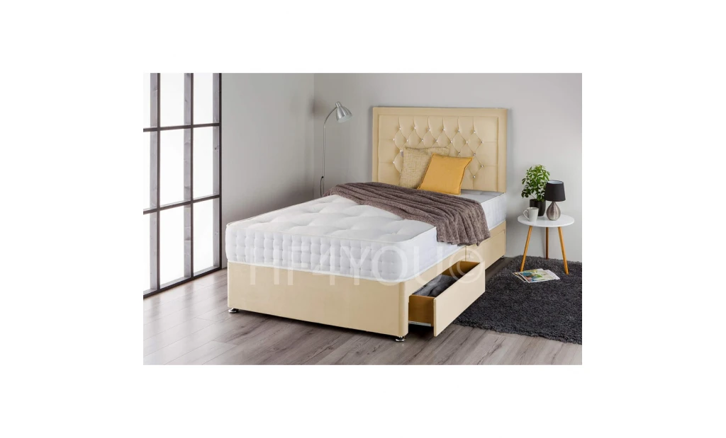 (3ft, 2 Drawers) Ivory Plush Divan Bed Set with 1000 Pocket Sprung Mattress and Matching Nina Diamante Headboard